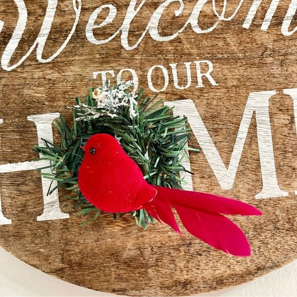 WELCOME TO OUR HOME Round Wood Decor Red Bird Wreath Red Bow Large Hanging 14 in - Picture 3 of 7